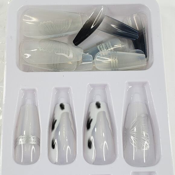 24pc Press On Nails Set Medium Coffin Style White Clear Clear Silver Butterfly - Picture 2 of 8